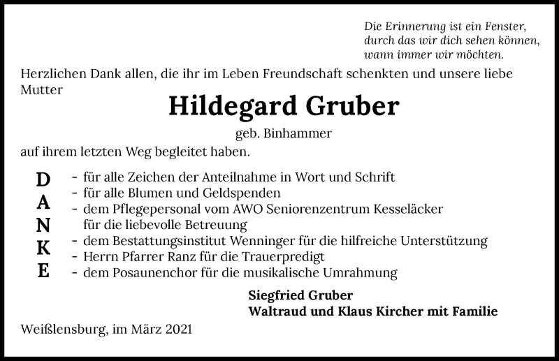  Traueranzeige für Hildegard Gruber vom 03.03.2021 aus GESAMT