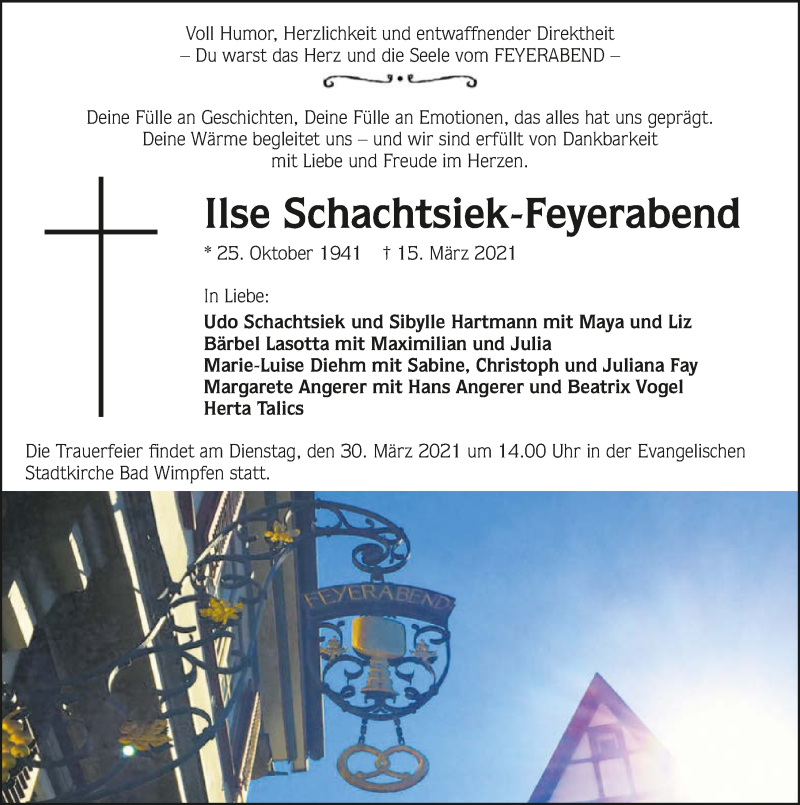  Traueranzeige für Ilse Schachtsiek-Feyerabend vom 20.03.2021 aus GESAMT