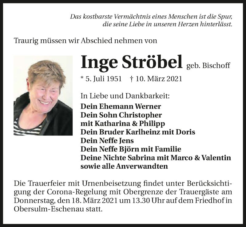  Traueranzeige für Inge Ströbel vom 13.03.2021 aus GESAMT