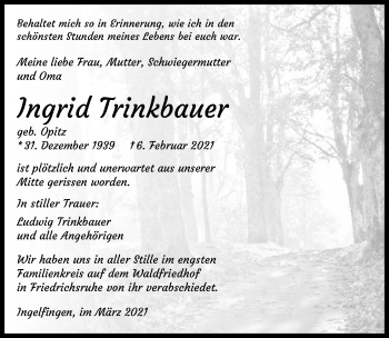 Traueranzeige von Ingrid Trinkbauer von GESAMT