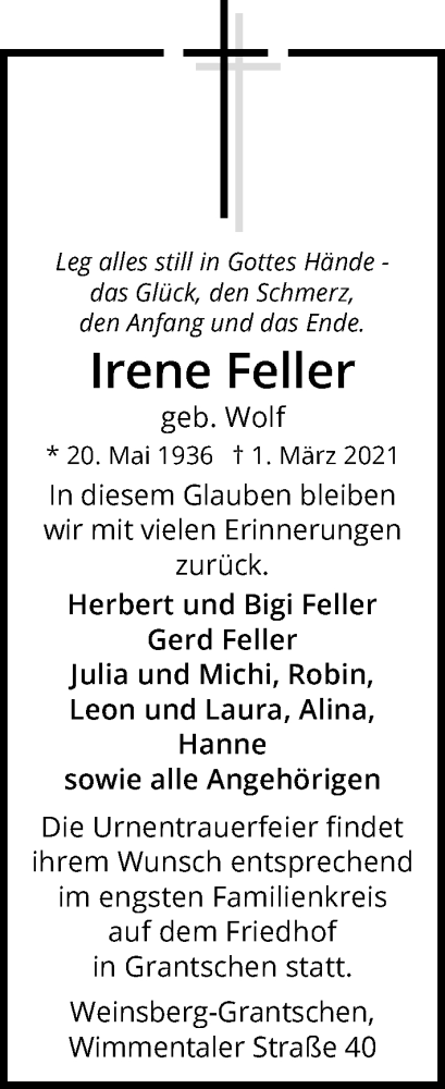 Traueranzeige für Irene Feller vom 04.03.2021 aus GESAMT