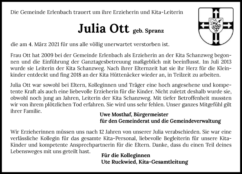  Traueranzeige für Julia Ott vom 10.03.2021 aus GESAMT