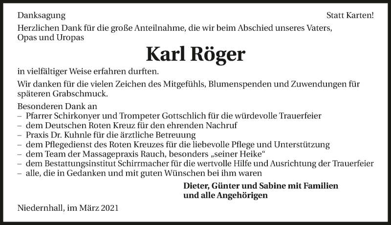  Traueranzeige für Karl Röger vom 13.03.2021 aus GESAMT