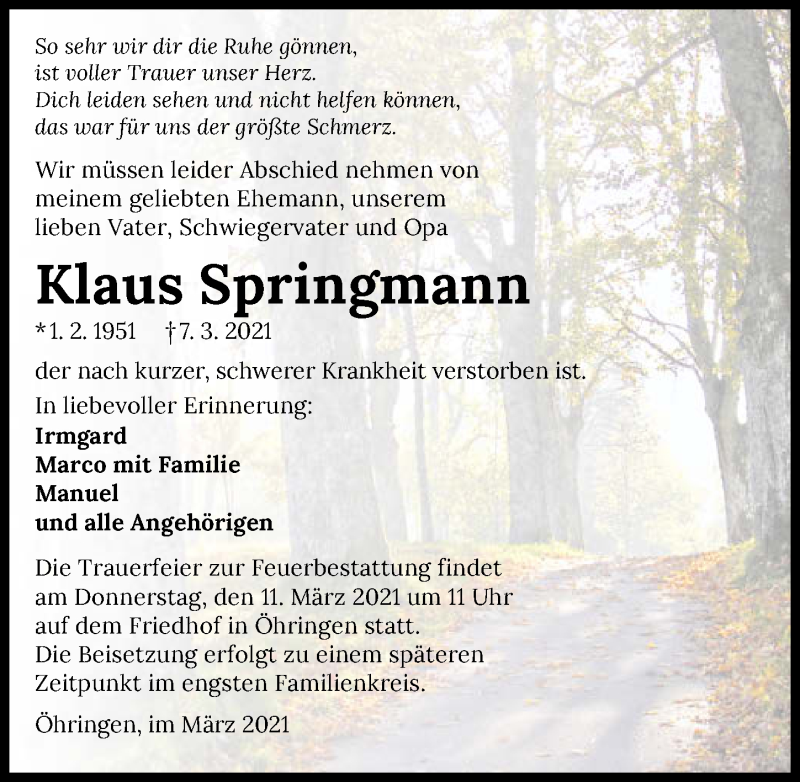  Traueranzeige für Klaus Springmann vom 09.03.2021 aus GESAMT