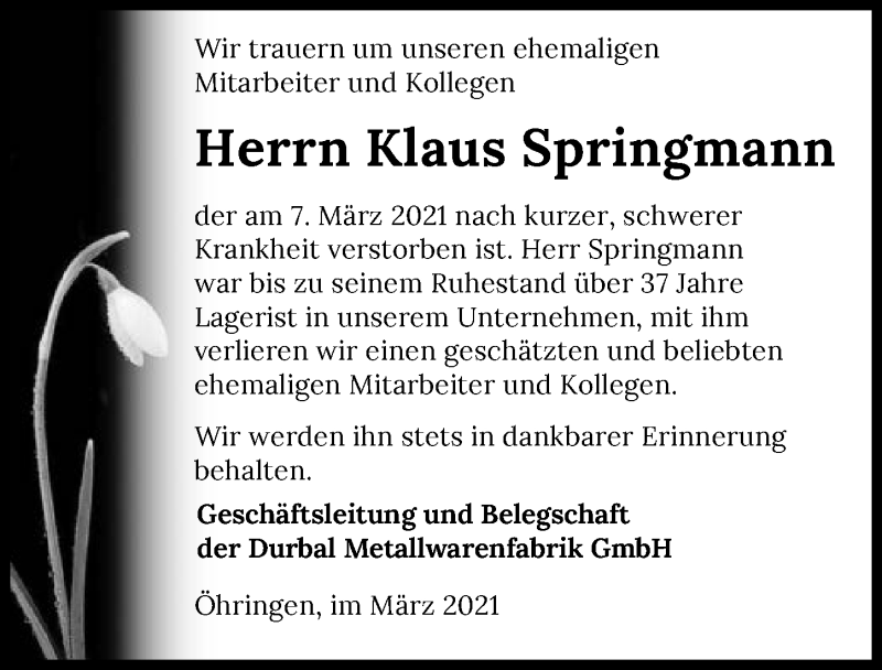  Traueranzeige für Klaus Springmann vom 17.03.2021 aus GESAMT