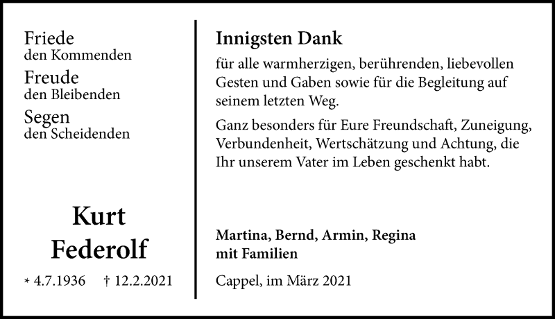 Traueranzeige für Kurt Federolf vom 10.03.2021 aus GESAMT