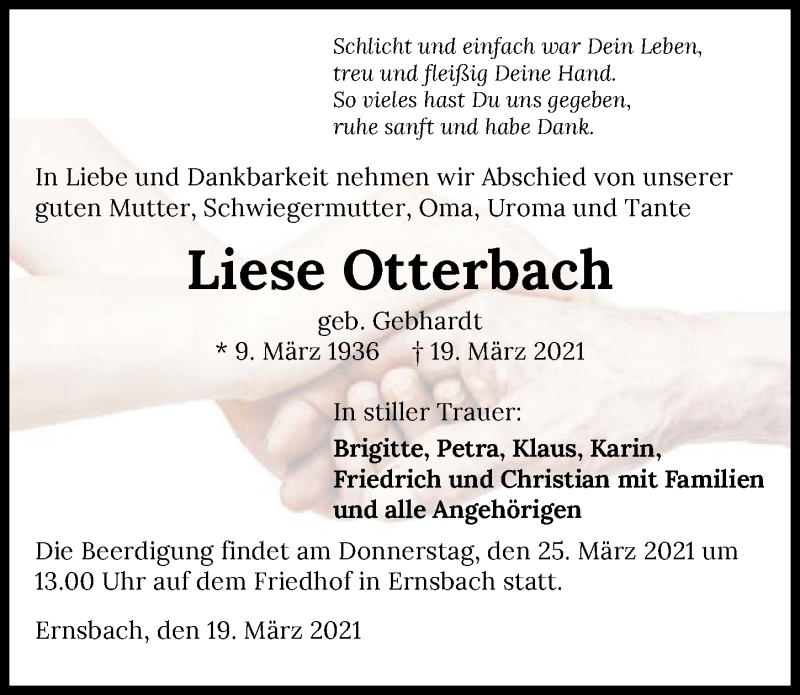  Traueranzeige für Liese Otterbach vom 23.03.2021 aus GESAMT