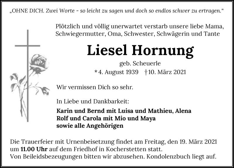  Traueranzeige für Liesel Hornung vom 16.03.2021 aus GESAMT