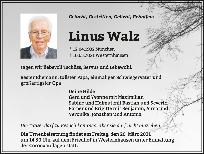  Traueranzeige für Linus Walz vom 23.03.2021 aus GESAMT