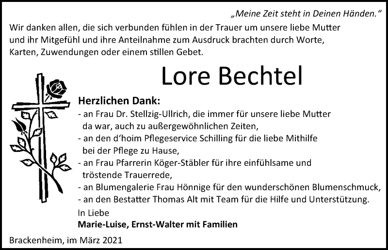  Traueranzeige für Lore Bechtel vom 26.03.2021 aus GESAMT
