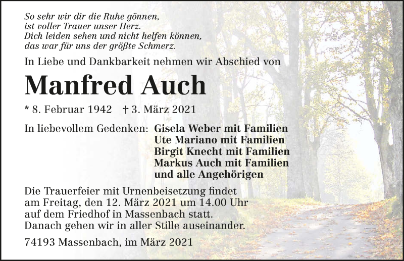  Traueranzeige für Manfred Auch vom 06.03.2021 aus GESAMT
