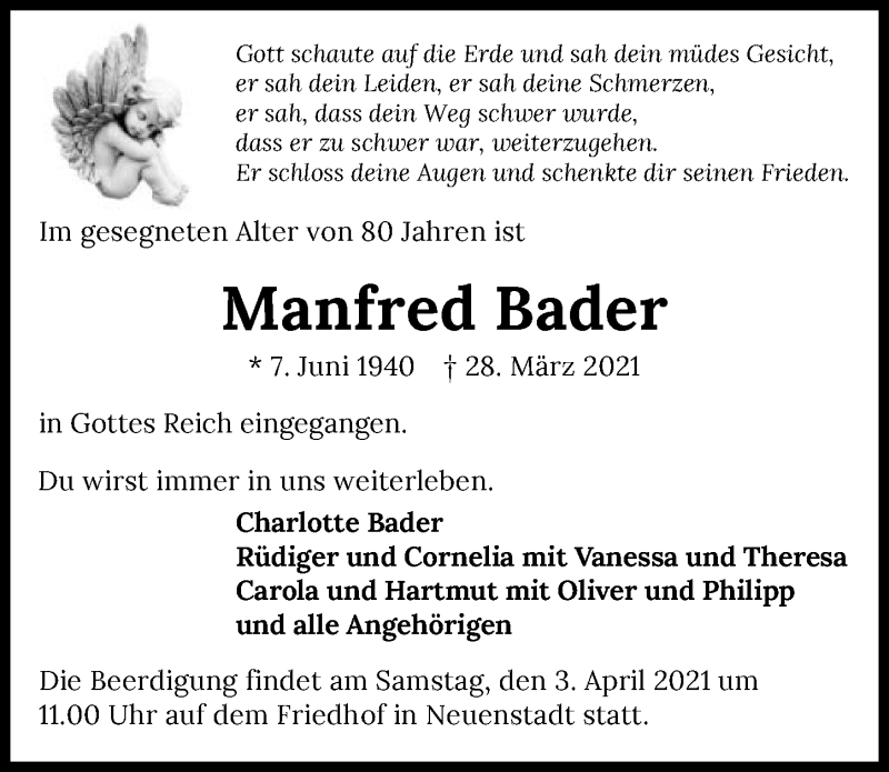  Traueranzeige für Manfred Bader vom 01.04.2021 aus GESAMT