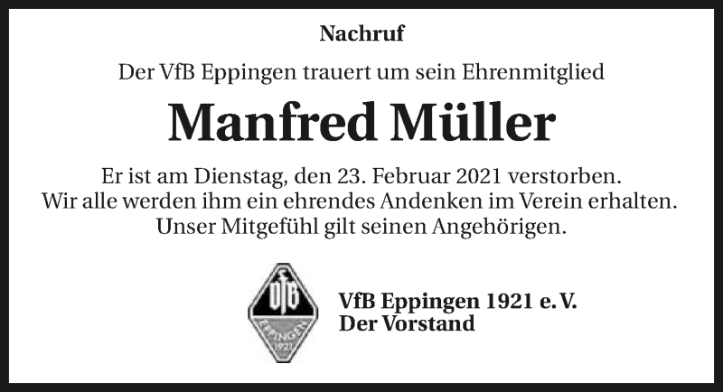 Traueranzeige für Manfred Müller vom 10.03.2021 aus GESAMT