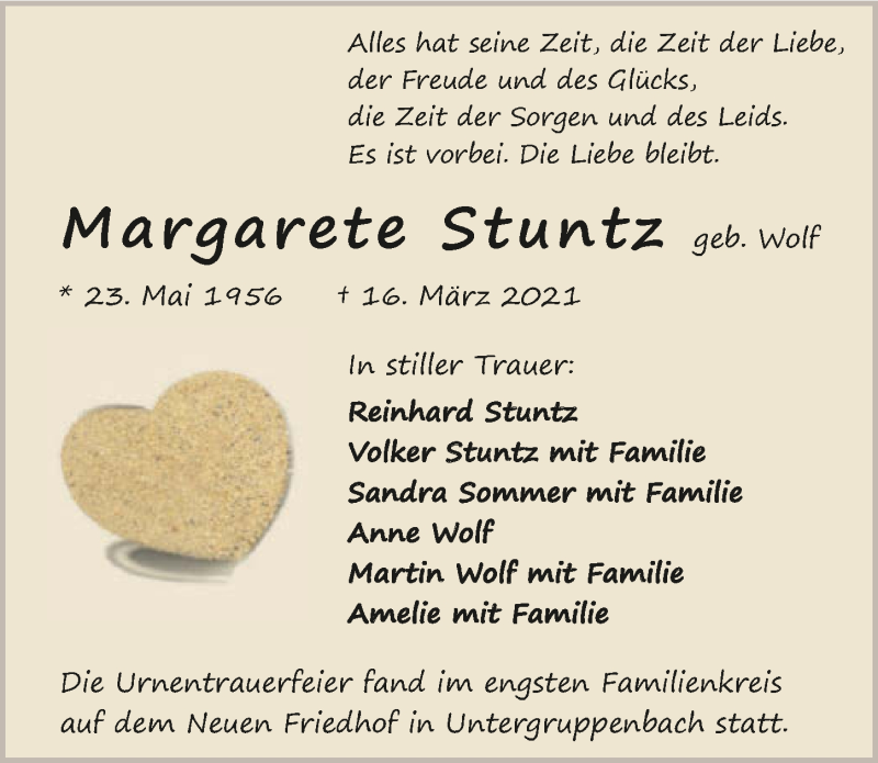  Traueranzeige für Margarete Stuntz vom 27.03.2021 aus GESAMT