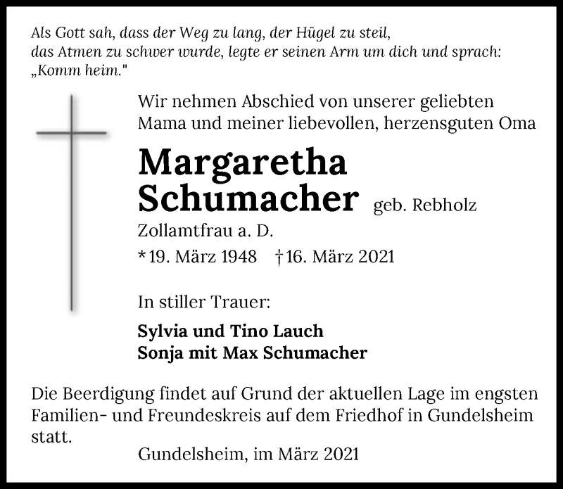  Traueranzeige für Margaretha Schumacher vom 20.03.2021 aus GESAMT