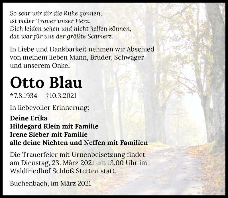 Traueranzeige für Otto Blau vom 20.03.2021 aus GESAMT