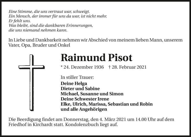  Traueranzeige für Raimund Pisot vom 02.03.2021 aus GESAMT