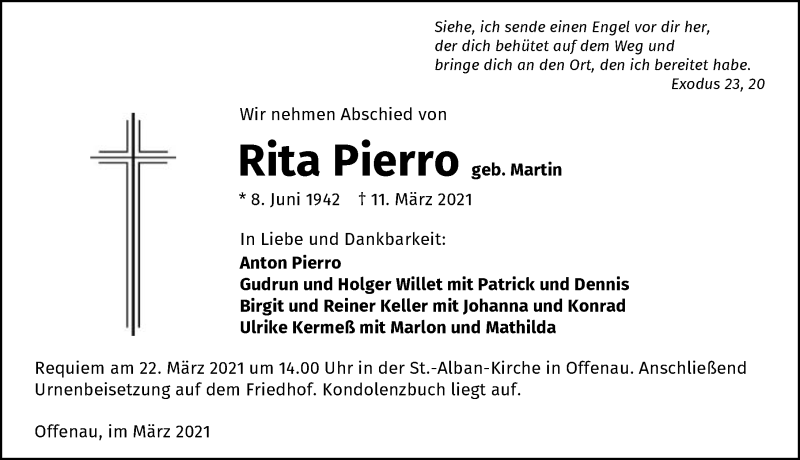  Traueranzeige für Rita Pierro vom 20.03.2021 aus GESAMT