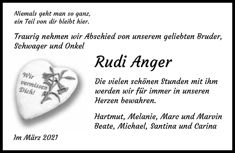  Traueranzeige für Rudi Anger vom 03.03.2021 aus GESAMT