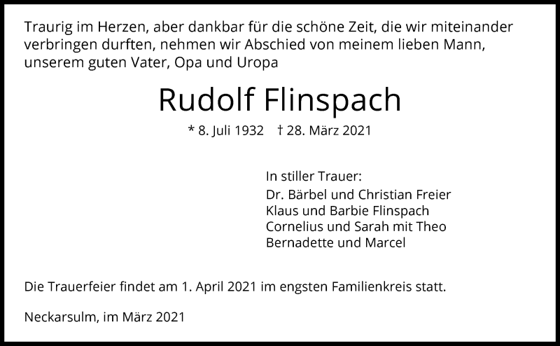  Traueranzeige für Rudolf Flinspach vom 01.04.2021 aus GESAMT