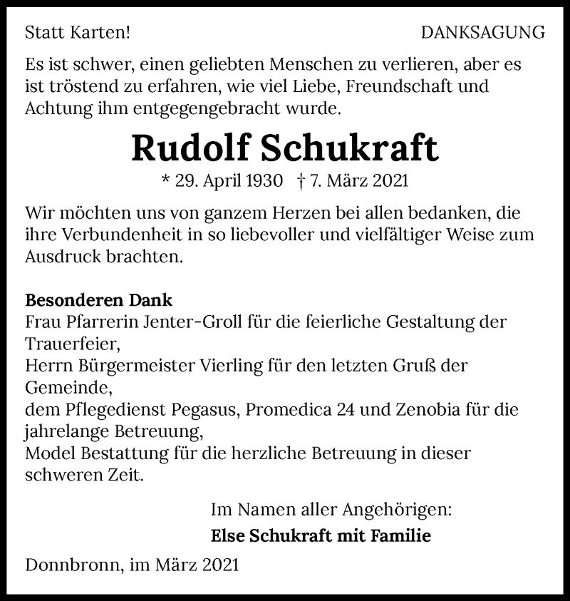  Traueranzeige für Rudolf Schukraft vom 30.03.2021 aus GESAMT
