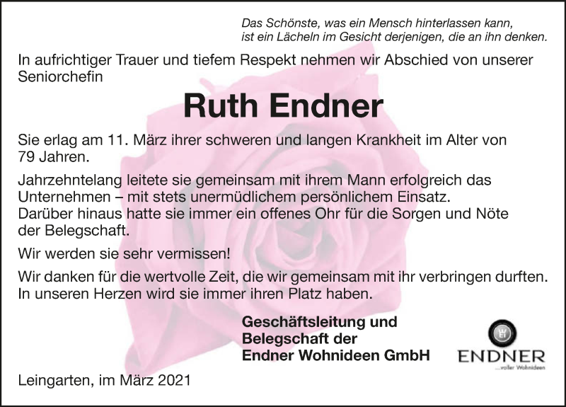  Traueranzeige für Ruth Endner vom 13.03.2021 aus GESAMT