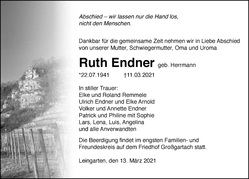  Traueranzeige für Ruth Endner vom 13.03.2021 aus GESAMT