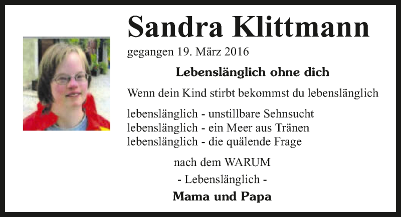  Traueranzeige für Sandra Klittmann vom 19.03.2021 aus GESAMT