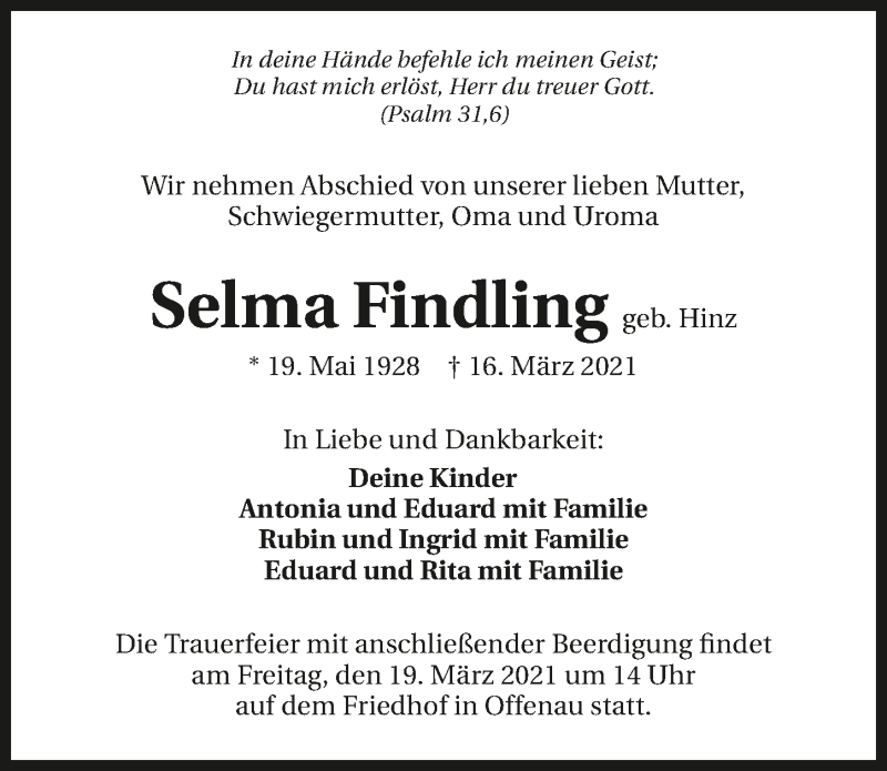  Traueranzeige für Selma Findling vom 17.03.2021 aus GESAMT