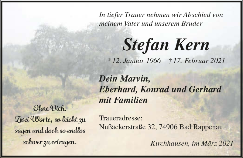  Traueranzeige für Stefan Kern vom 13.03.2021 aus GESAMT
