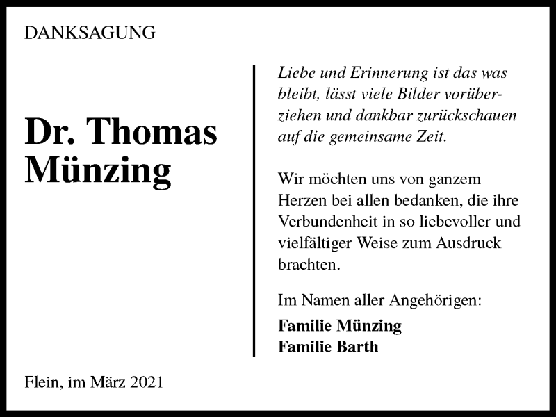  Traueranzeige für Thomas Münzing vom 20.03.2021 aus GESAMT