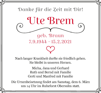 Traueranzeige von Ute Brem von GESAMT