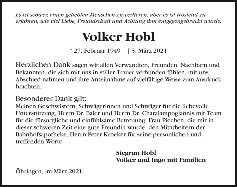 Traueranzeige für Volker Hobl vom 27.03.2021 aus GESAMT