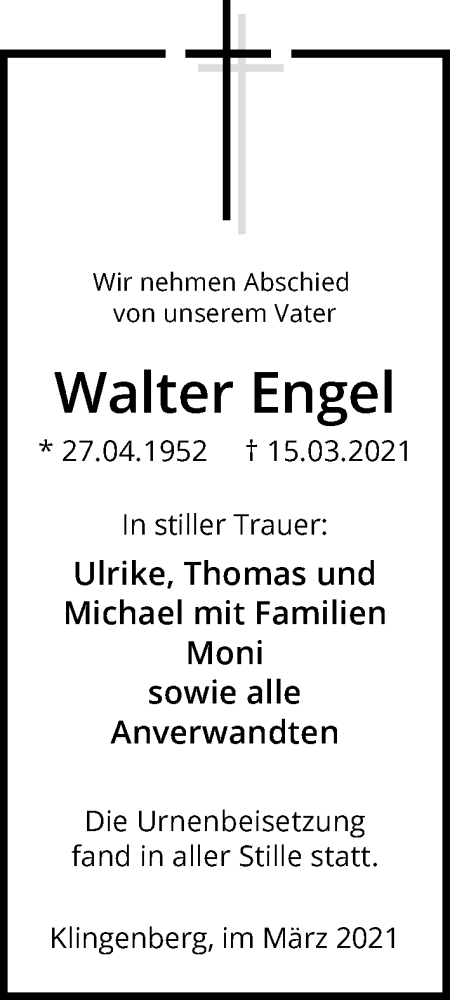  Traueranzeige für Walter Engel vom 26.03.2021 aus GESAMT