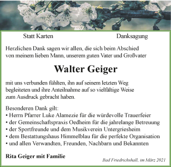 Traueranzeige von Walter Geiger von GESAMT