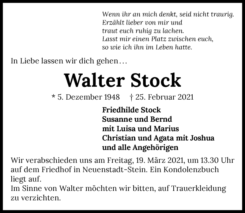  Traueranzeige für Walter Stock vom 17.03.2021 aus GESAMT