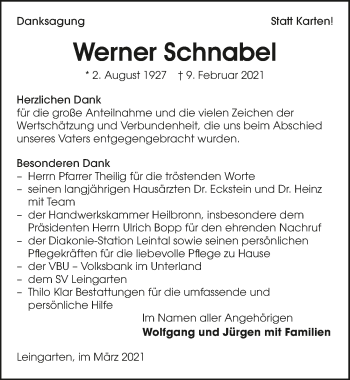 Traueranzeige von Werner Schnabel von GESAMT