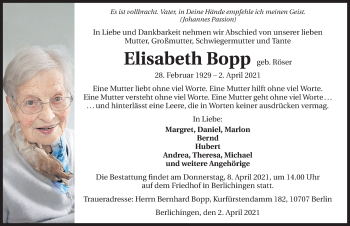 Traueranzeige von Elisabeth Bopp von Hohenloher Zeitung