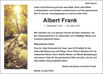 Traueranzeige von Albert Frank von GESAMT