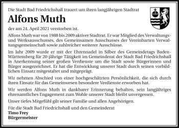 Traueranzeige von Alfons Muth von GESAMT