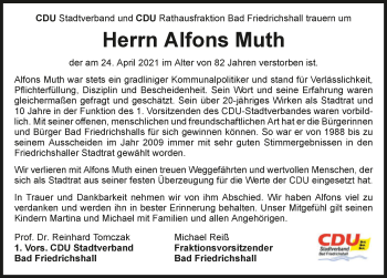 Traueranzeige von Alfons Muth von GESAMT