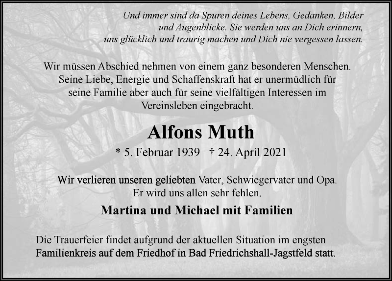  Traueranzeige für Alfons Muth vom 27.04.2021 aus GESAMT