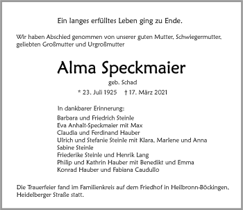 Traueranzeige von Alma Speckmaier von GESAMT