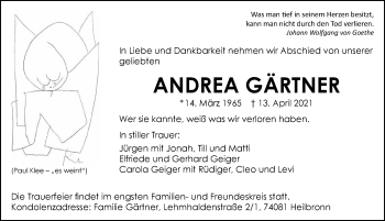 Traueranzeige von Andrea Gärtner von GESAMT