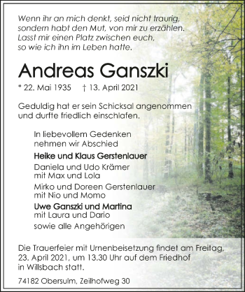 Traueranzeige von Andreas Ganszki von GESAMT