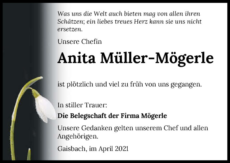  Traueranzeige für Anita Müller-Mögerle vom 26.04.2021 aus GESAMT