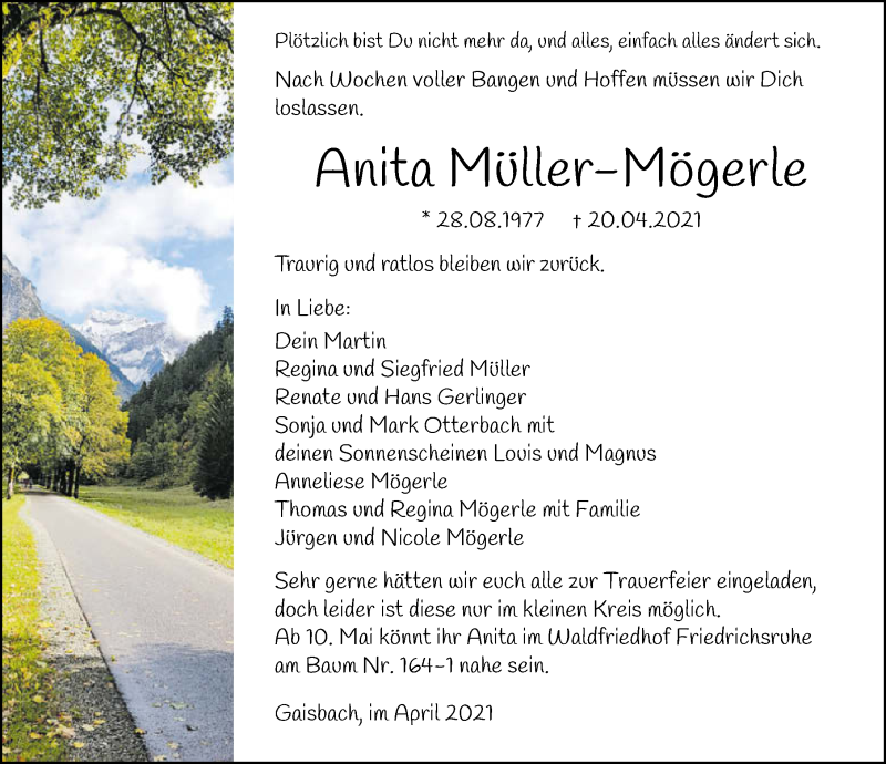  Traueranzeige für Anita Müller-Mögerle vom 24.04.2021 aus GESAMT