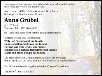 Traueranzeige von Anna Grübel von GESAMT