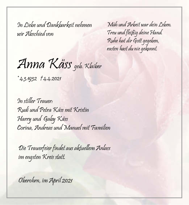  Traueranzeige für Anna Käss vom 14.04.2021 aus GESAMT