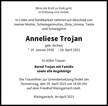 Traueranzeige von Anneliese Trojan von GESAMT